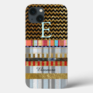 Etui iPhone 13 chevron et bandes avec nom personnalisé et initial