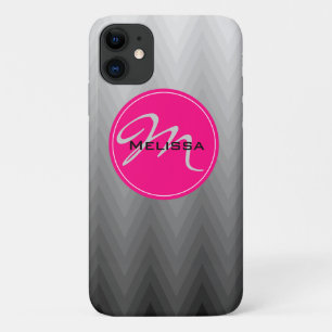 Coques Pour iPhone Chevron Grey ombre motif rose Nom du monogramme