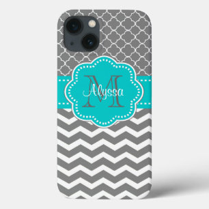 iPhone 13 Case Chevron gris-foncé et bleu personnalisé