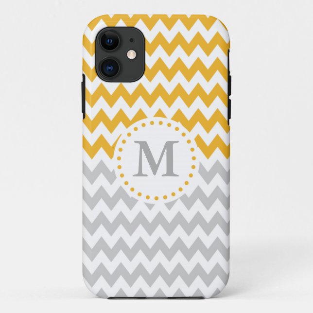 Coques Case-Mate iPhone Chevron moderne gris jaune monogramme (Dos)