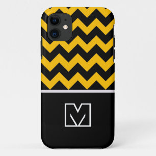 Coques Pour iPhone Chevron noir et jaune Zigzag. Monogramme personnal