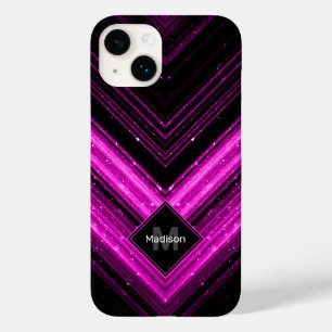 Coque Pour iPhone 14 Chevron noir rose chaud brillant métallique Monogr