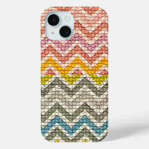 COQUE POUR iPhone 15 CHEVRONS MOSAÏQUES BLANCS ROSE JAUNES BLEUS