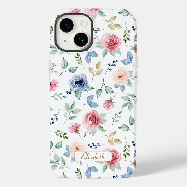 Coques Case-Mate iPhone Chic Aquarelle rose Blush Blue Flowers Motif (Verso)
