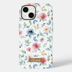 Coque Pour iPhone 14 Chic Aquarelle rose Blush Blue Flowers Motif