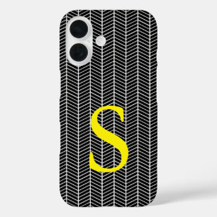 Coque Pour iPhone 16 Chic Black Herringbone Chevron Zig Zag Monogramme