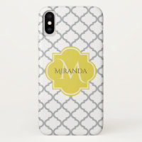 Chic Blanc Gris Quatrefoil Jaune Nom Monogramme