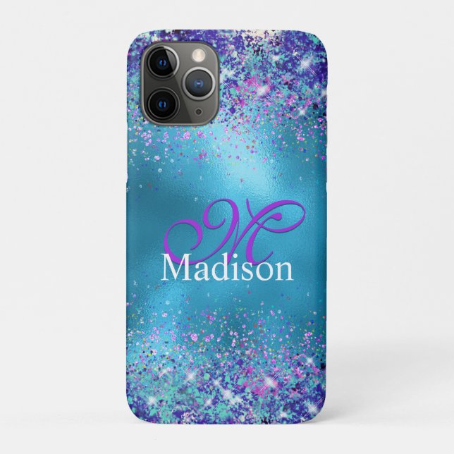 Coques Case-Mate iPhone Chic bleu rose irisé parties scintillant monogramm (Dos)