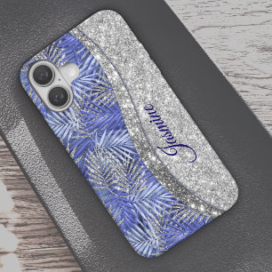 Coque Pour iPhone 16 chic bleu violet argent parties scintillant feuill