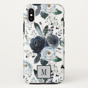 Case-Mate iPhone Case Chic Boho Feuilles et fleurs bleues monogramme