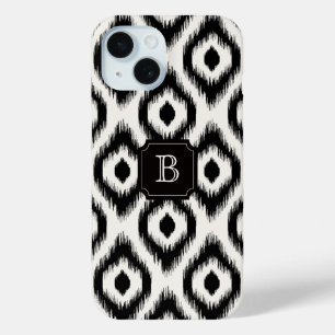 Coque Pour iPhone 15 Chic chic noir diamant ivoire Ikat Monogramme
