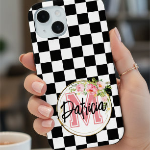 Coque Pour iPhone 15 Chic Damier Noir & Blanc Monogrammé Fleur Rose