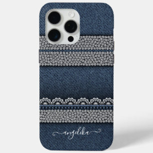 Coque iPhone 15 Pro Max Chic Denim & Rhinestones