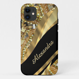 Coque iPhone 11 Chic élégant noir et or bling personnalisé
