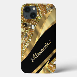 Etui iPhone 13 Chic élégant noir et or bling personnalisé