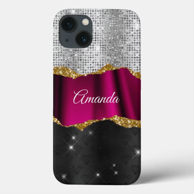 Coques Case-Mate iPhone Chic faux argent parties scintillant Fuchsia noir  (Verso)