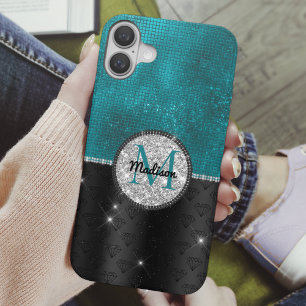 Coque Pour iPhone 16 Chic faux Parties scintillant argent Turquoise noi