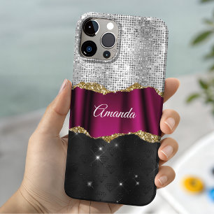 Coques iPhone 16 Pro Chic faux strass argent rose noir monogramme