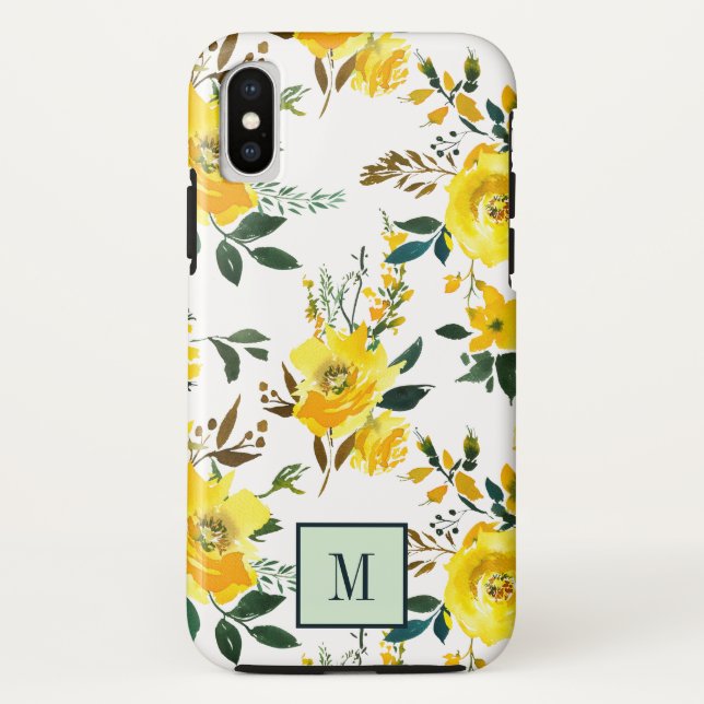 Coques Case-Mate iPhone Chic Fleurs Jaunes et monogramme feuille (Dos)