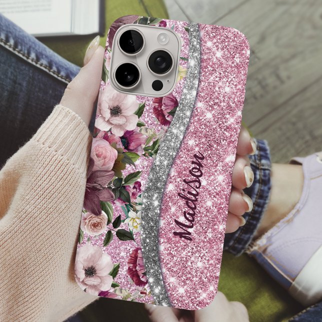 Coques Case-Mate iPhone Chic floral glittery Purple rose argent monogramme (Créateur téléchargé)