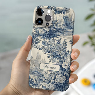 Coque Pour iPhone 14 Chic floral vintage toile de jouy monogramme bleu
