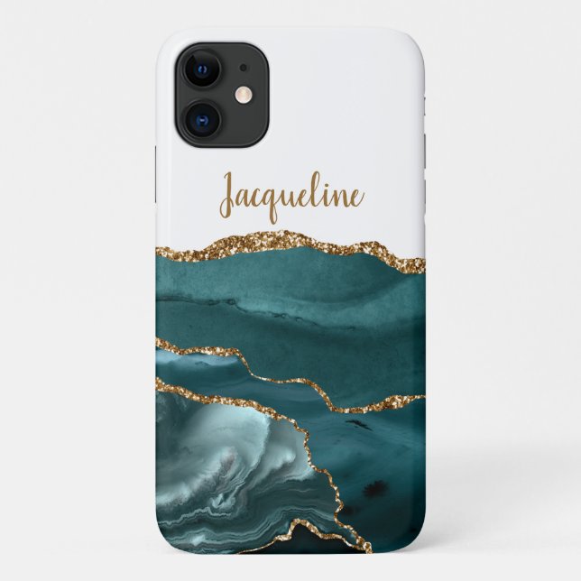 Coques Case-Mate iPhone Chic Gold Marble Geode Turquoise Bleu Moderne Nom (Dos)