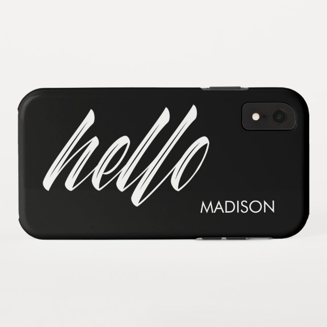 Coques Case-Mate iPhone Chic Hello Script et votre nom Noir Blanc (Dos (Horizontal))