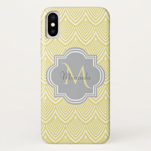 Coques Case-Mate iPhone Chic Jaune Art Déco Scallops Grey Monogramme Nom (Dos)