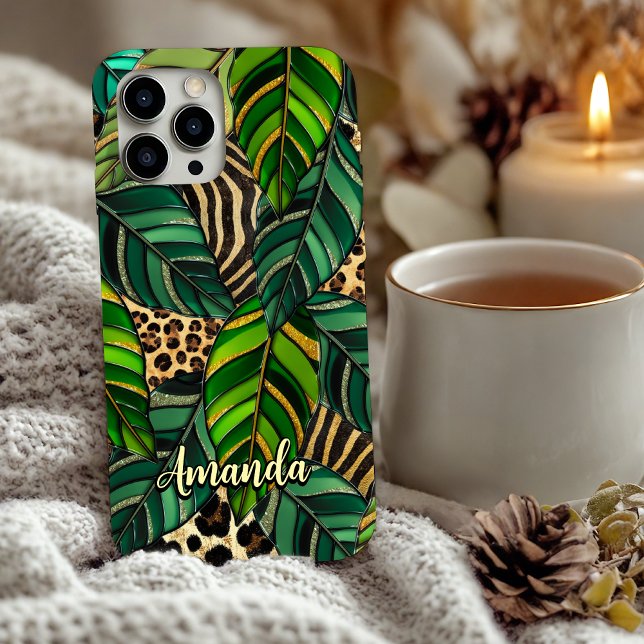 Coques Case-Mate iPhone chic leopard print monstera leaves monogram Case-M (Créateur téléchargé)