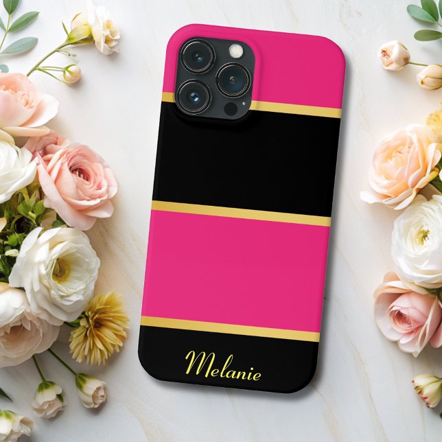 Coques Case-Mate iPhone Chic moderne rose noir rayures modèle avec nom (Créateur téléchargé)