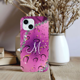 Coque Pour iPhone 15 Chic Monogram M Argent Glam Magenta Gouttes de Plu