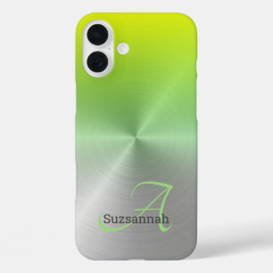 Coques iPhone 16 Plus Chic Monogramme Nom Lime Green Ombre Faux Metal