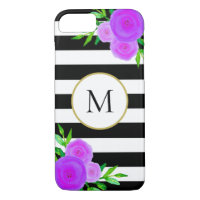 Chic noir blanc rayure Aquarelle Floral Monogramme