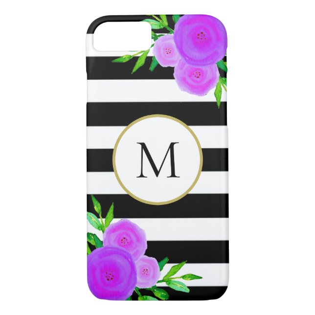 Coques Case-Mate iPhone Chic noir blanc rayure Aquarelle Floral Monogramme (Dos)