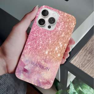 Coques iPhone 16 Pro Chic ombre rose rose pâle parties scintillant mono