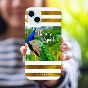 Coque iPhone 15 Mini Chic Peacock Né de Sparkle Gold White Stripes