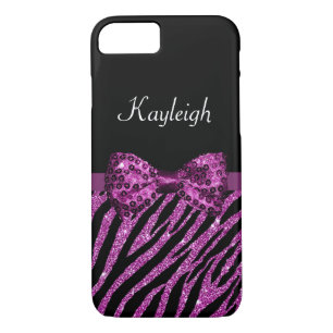 Coque Case-Mate Pour iPhone Chic Purple Zebra Print FAUX Glitz Bow avec nom