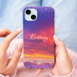 Coque iPhone 15 Mini Chic rose bleu coucher de soleil photo confetti sc