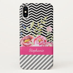 Etui iPhone Case-Mate Chic rose floral Chevron noir et blanc et nom