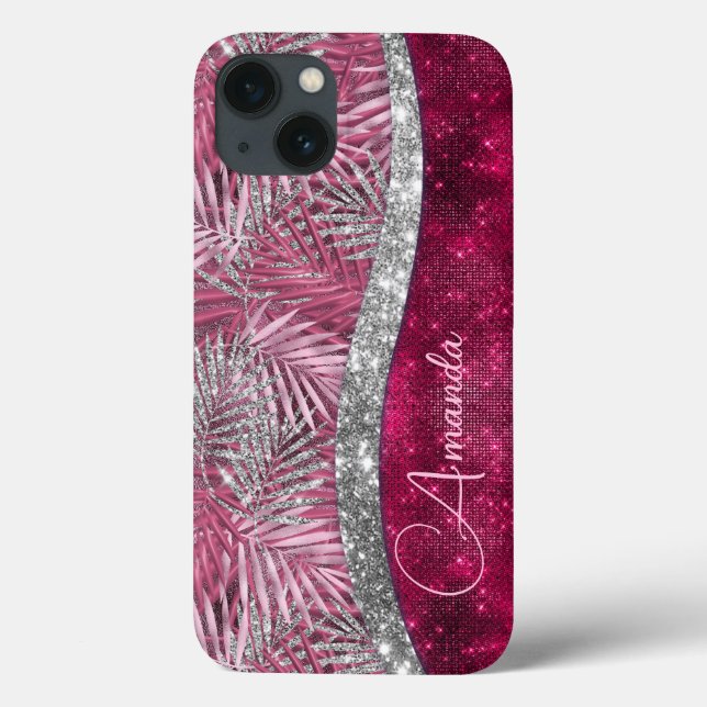 Coques Case-Mate iPhone Chic rose fuchsia parties scintillant feuille mono (Verso)