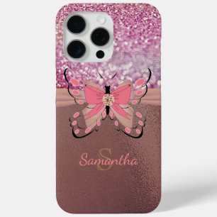 Coque iPhone 15 Pro Max Chic Rose Gold Foil Glittery Girl Nom Monogramme