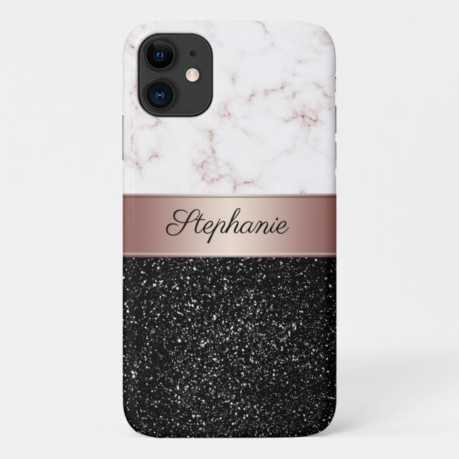 Coques Case-Mate iPhone Chic Rose Gold Marble Black Parties scintillant Aj (Dos)