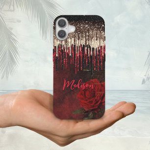 Coque Pour iPhone 16 Chic rouge fleurs gouttes d'or parties scintillant