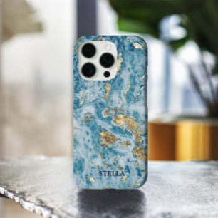 Coques iPhone 16 Pro Chic tendance Blue Gold Texture personnalisée