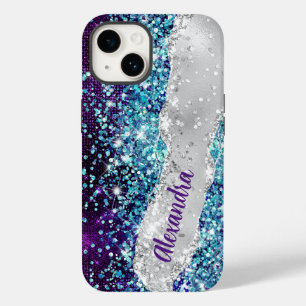 Coque Pour iPhone 14 Chic Turquoise violet argent Parties scintillant M