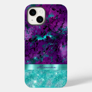 Coque Pour iPhone 14 Chic Turquoise Violet Marbre Faux Parties scintill