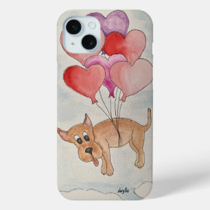Coque iPhone 15 Mini Chien avec Ballons du Coeur