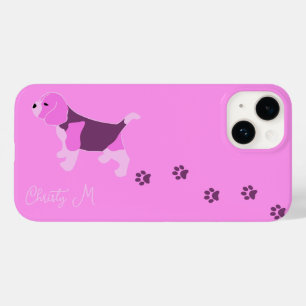 COQUE POUR iPhone 14 CHIEN BEAGLE ROSE SUR ROSE AVEC NOM D'EMPREINTE DE