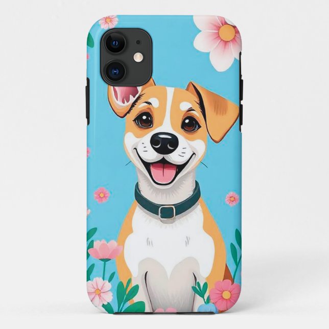 Coques Case-Mate iPhone Chien de dessin souriant entouré de fleurs (Dos)