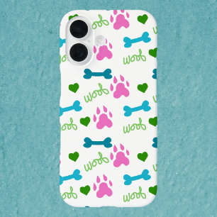 Coque Pour iPhone 16 Chien Empreinte de patte Bones Coeurs Woof Pink Bl